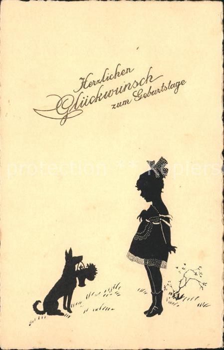 Scherenschnitt Schattenbildkarte Kind Mädchen Hund Glückwunsch Geburtsta