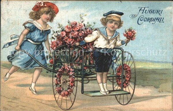 Kinder Child Enfants Matrosenanzug Schubkarre Rosen Glückwun