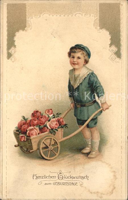 Kinder Child Enfants Schubkarre Rosen Glückwunsch Geburtstag