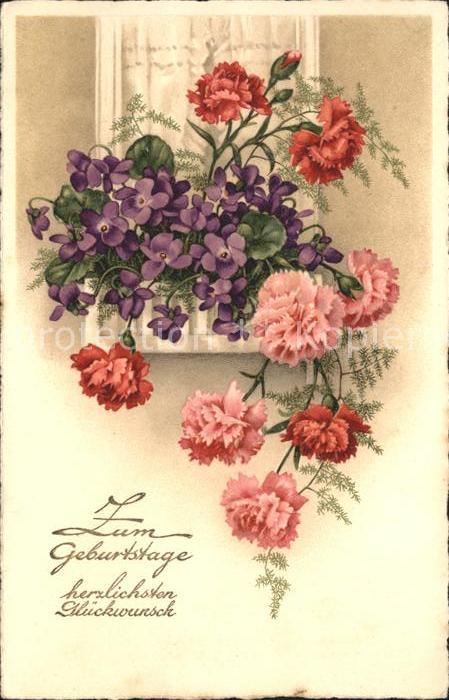 Geburtstag Glückwunsch Nelken Veilchen Litho