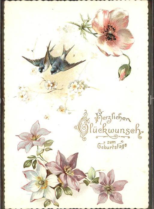 Geburtstag Schwalben Blumen Litho