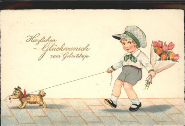 Kinder Child Enfants Hund Tulpen Glückwunsch Geburtstag