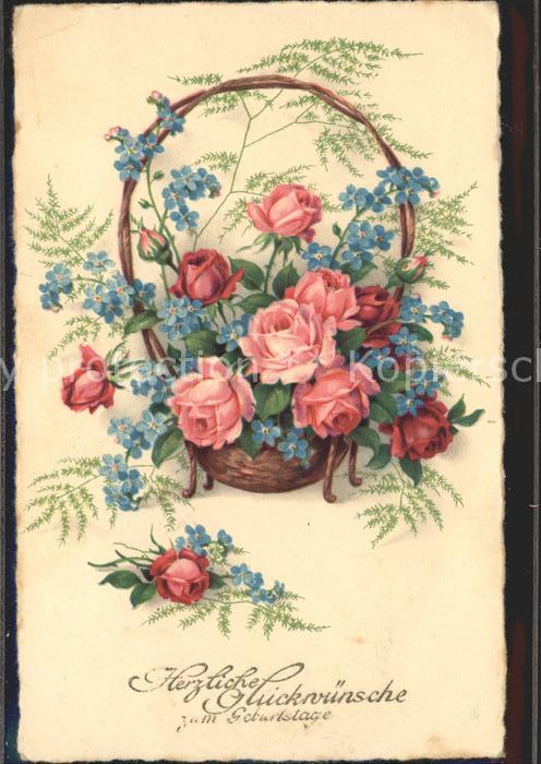 Rosen Vergissmeinnicht Korb Geburtstag Litho