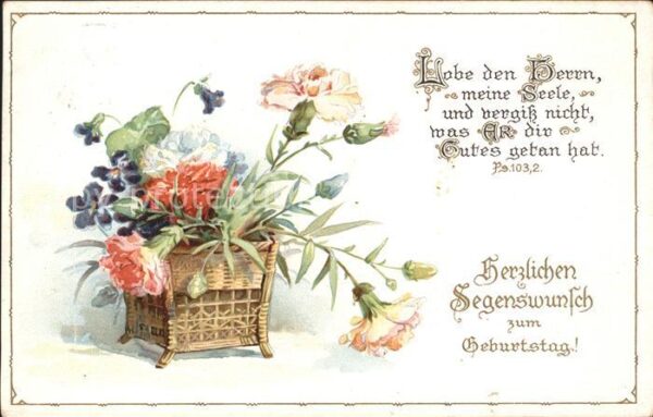 Geburtstag Nelken Veilchen Litho