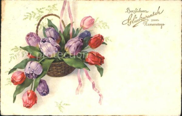Namenstag Namenskarte Glückwunsch Tulpen Korb Litho