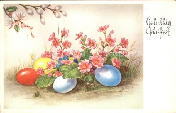 Ostern Easter Paques Primel Ostereier Weidenkätzchen