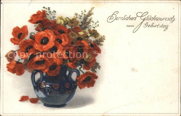Geburtstag Glückwunsch Mohnblumen Vase Litho