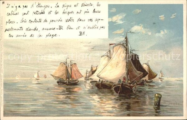 Grobe G. Strandleben Segelboote Litho
