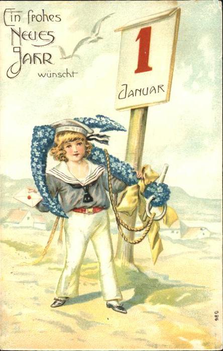 Neujahr Kind Matrosenanzug Anker Vergissmeinnic