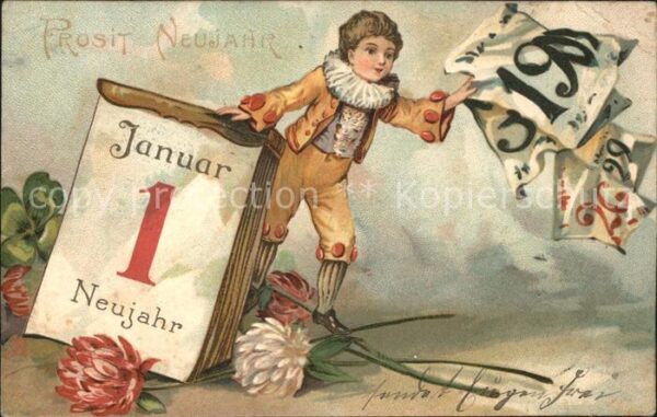 Neujahr Kind Blumen Kleeblatt Litho