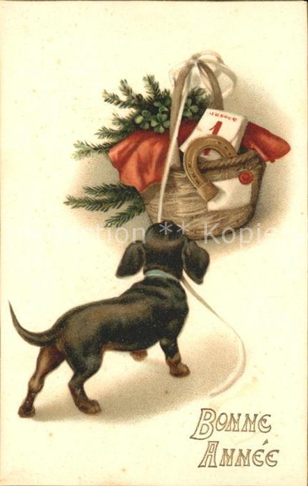 Dackel Dachshund Teckel Hunde dogs Chien Neujahr Korb Hufeisen Kleeblatt Litho