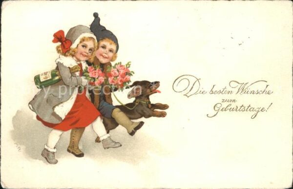 Kinder Child Enfants Hund Geburtstag Rosen Sekt Litho