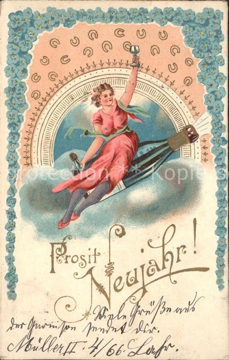 Neujahr Frau Sektflasche Hufeisen Vergissmeinni