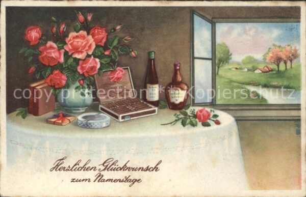 Namenstag Namenskarte Rosen Zigarren Alkohol Aschenbecher
