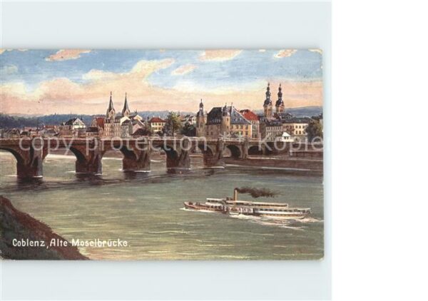 Verlag Wiedemann WIRO Nr. 2123 A Koblenz Alte Moselbrücke Dampfer