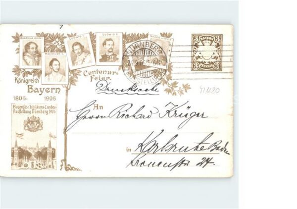 Briefmarken auf Postkarte Königreich Bayern Landesausstellung Nür