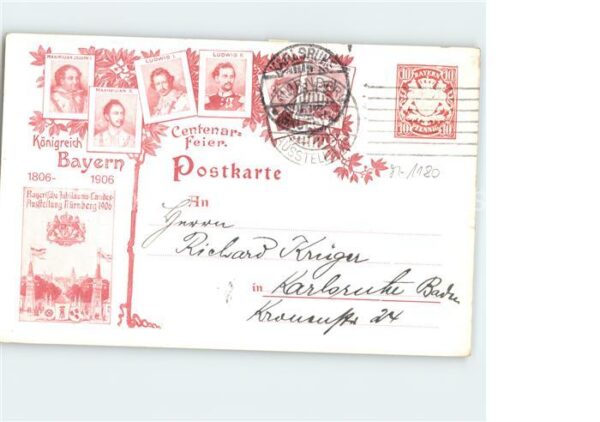 Briefmarken auf Postkarte Königreich Bayern Maximilian Jospeh I L