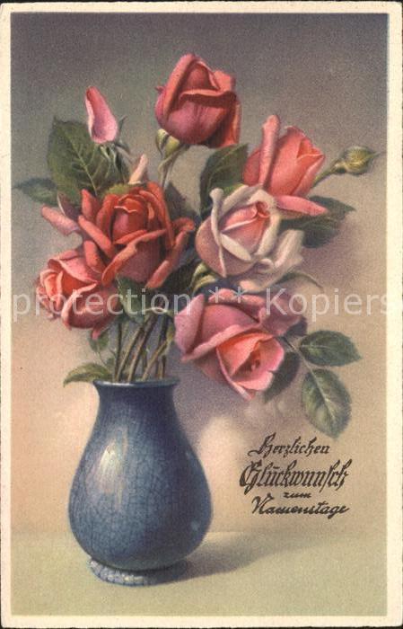 Namenstag Namenskarte Glückwunsch Rosen Vase