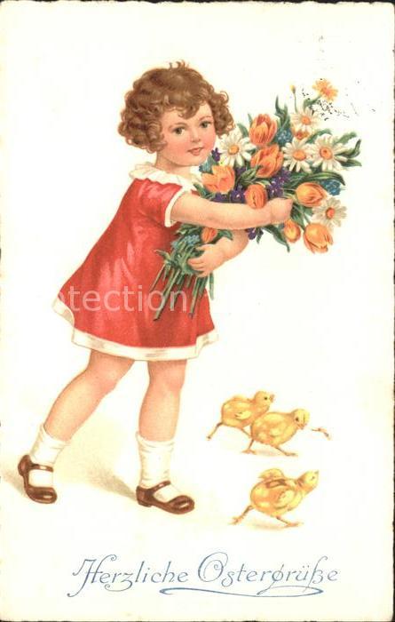Ostern Easter Paques Kind Mädchen Tulpen Margeriten Küken Ve