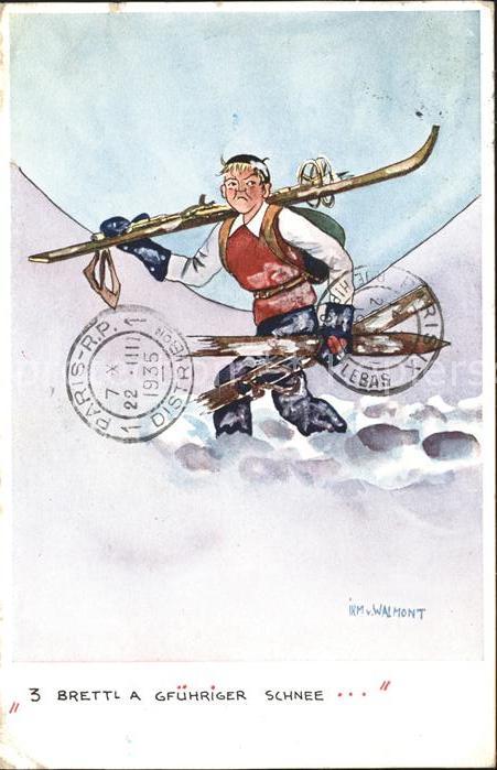 Skifahren Ski Künstlerkarte Irm. v. Walmont