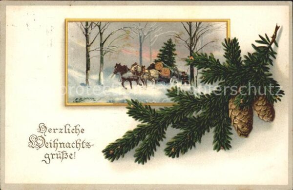 Tannenzapfen Weihnachten Pferde Litho