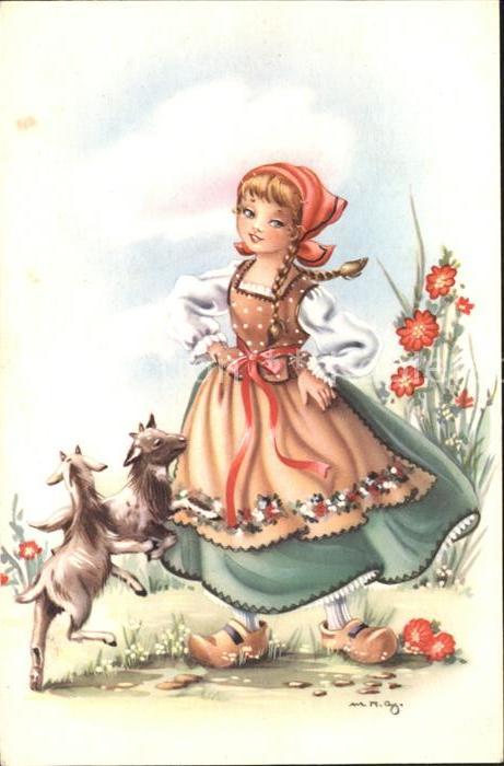 Kinder Child Enfants Tracht Ziegen Blumen