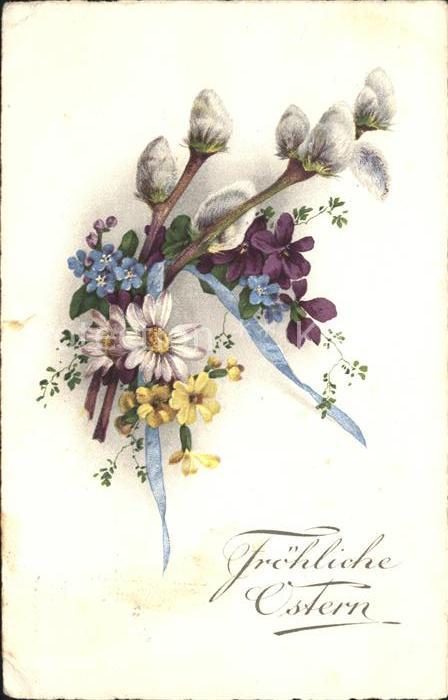 Ostern Easter Paques Weidenkätzchen Veilchen Primel Margerit