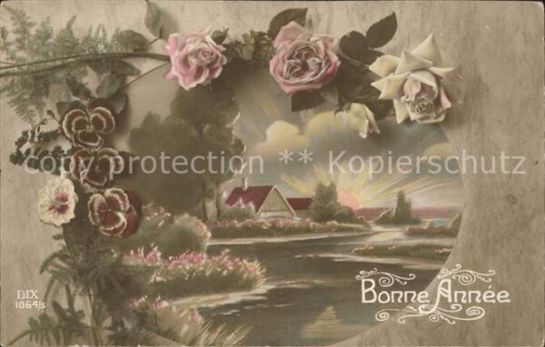 Verlag DIX Paris Nr. 1064/5 Neujahr Rosen Stiefmütterchen