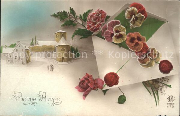 Neujahr Stiefmütterchen Rose Nelke Brief