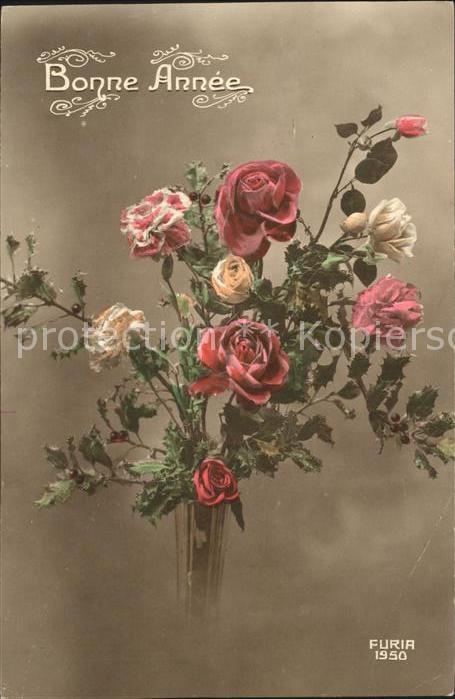 Verlag FURIA Nr. 1950 Rosen Nelken Vase Neujahr