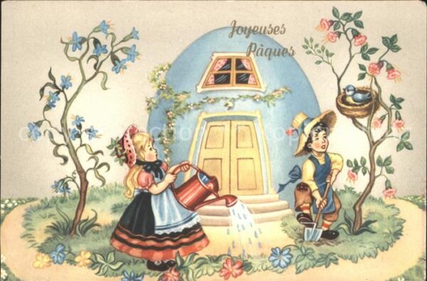 Ostern Easter Paques Kinder Gärtner Schaufel Gießkanne Vogel