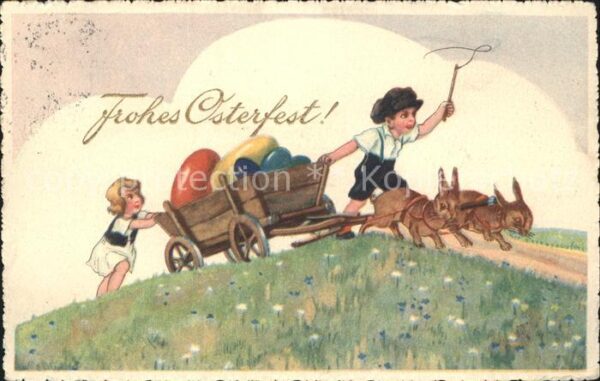 Ostern Easter Paques Hasen Holzwagen Kinder Ostereier