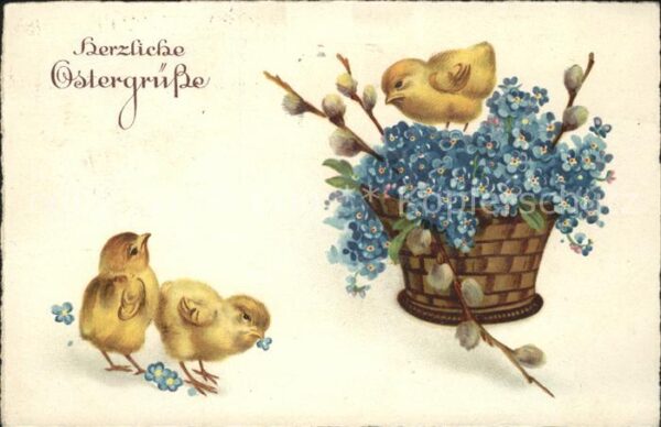 Ostern Easter Paques Küken Vergissmeinnicht Korb Weidenkätzc