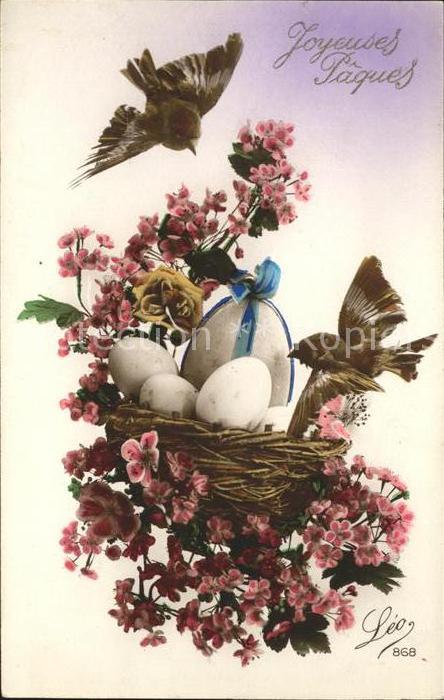 Verlag Leo Nr. 868 Ostern Vögel Vogelnest Eier Blumen