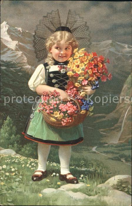 Kinder Child Enfants Mädchen Tracht Schweiz Blumen
