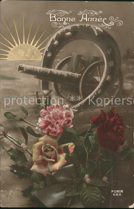 Verlag FURIA Nr. 688 Neujahr Kanone Hufeisen Rosen Nelke