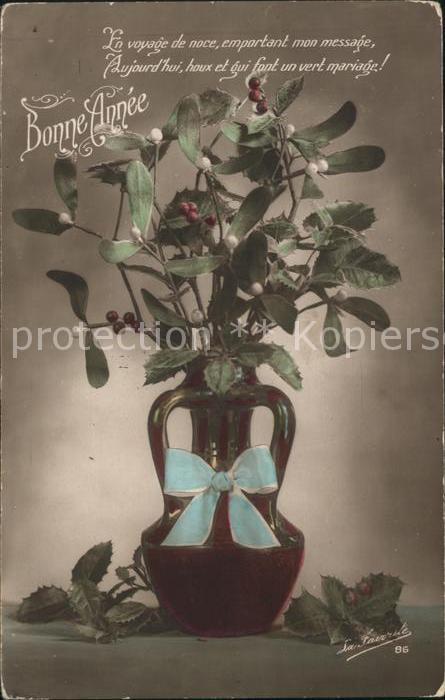 Neujahr Mistel Stechpalme Vase Schleife Gedicht