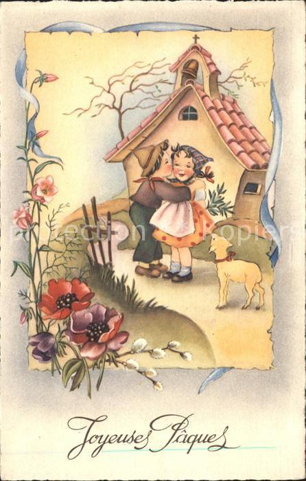 Ostern Easter Paques Kinder Kuss Kirchenglocken Lamm Blumen