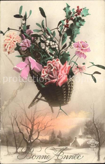 Neujahr Rosen Nelken Stechpalme Mistel Korb