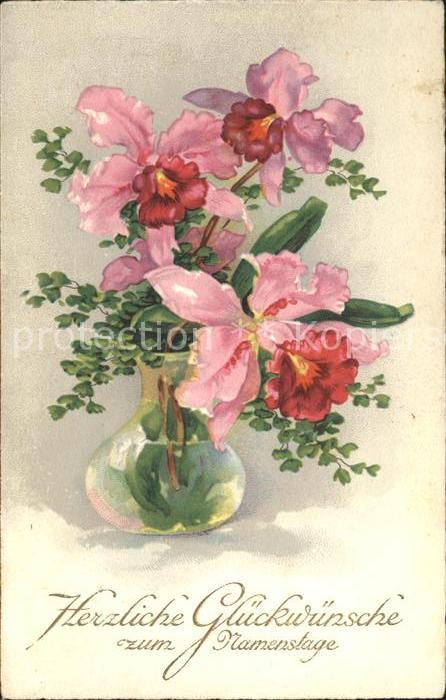 Namenstag Namenskarte Glückwunsch Lilien Vase Litho