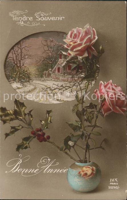 Verlag DIX Paris Nr. 2096/1 Neujahr Rosen Stechpalme Mistel