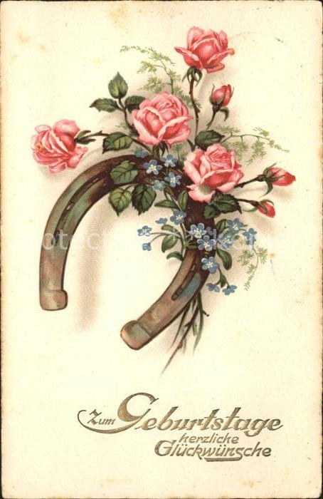 Hufeisen Rosen Vergissmeinnicht Geburtstag Litho
