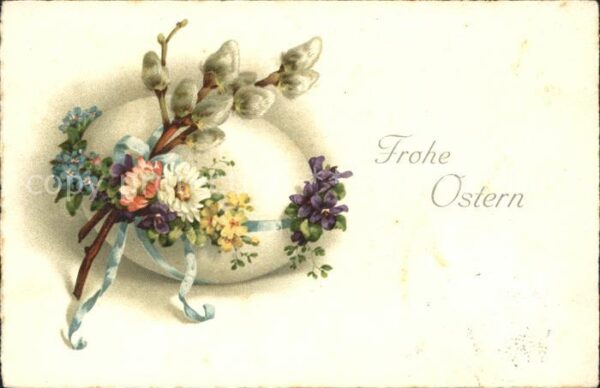 Ostern Easter Paques Weidenkätzchen Veilchen Gänseblümchen O