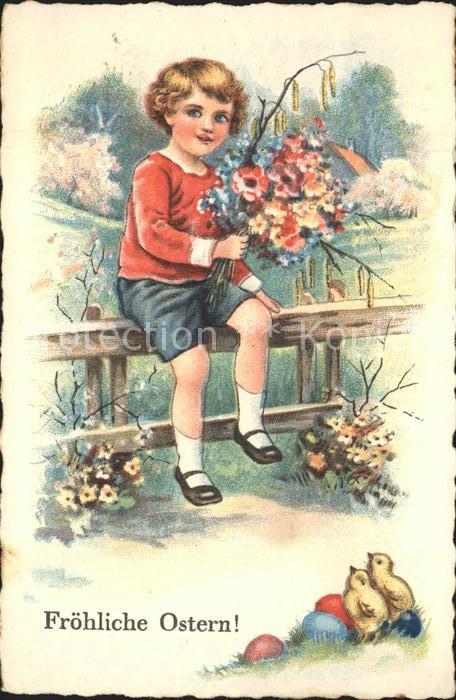 Ostern Easter Paques Kind Küken Blumen Ostereier Litho