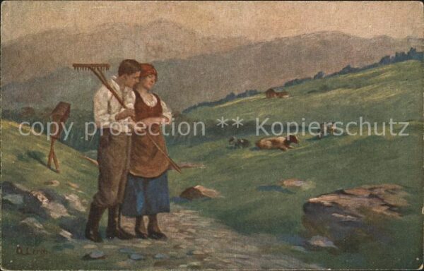 Kuenstlerkarte O. Lerch Auf der Alm Landwirtschaft Rec