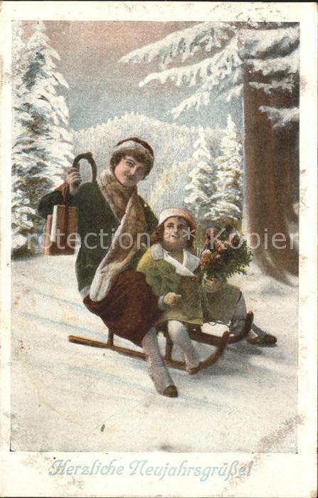 Schlitten Schnee Kind Mutter Blumen Neujahr