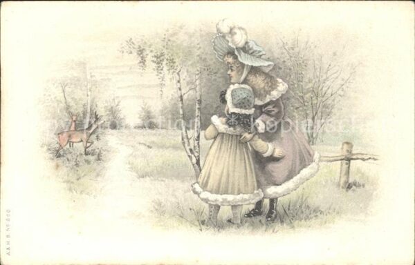 Kinder Child Enfants Hutmode Hirsche Litho