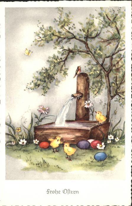 Ostern Easter Paques Küken Brunnen Ostereier Blumen