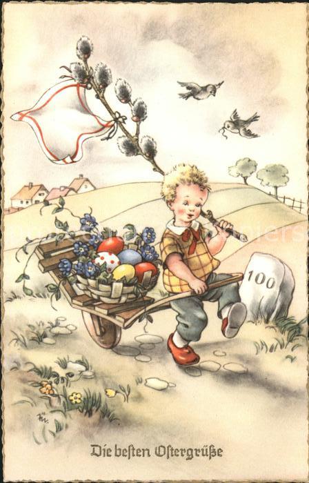 Ostern Easter Paques Kind Schubkarre Ostereier Weidenkätzche