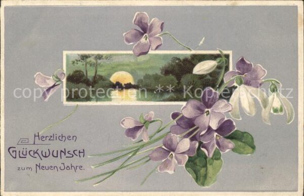 Neujahr Veilchen Schneeglöckchen Litho
